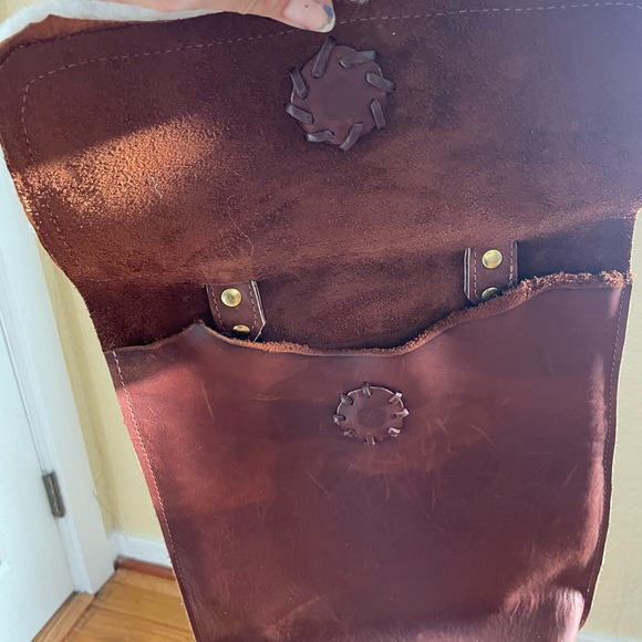 Genuine Leather Brown Crossbody Satchel Bag with Shearling Fur Trim - Picture 5 of 10